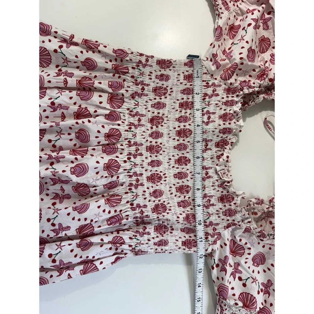 Hill House Home Mermaid Nap Dress Pink‎ Red Seashell Smocked Puff Sleeve Boho XS